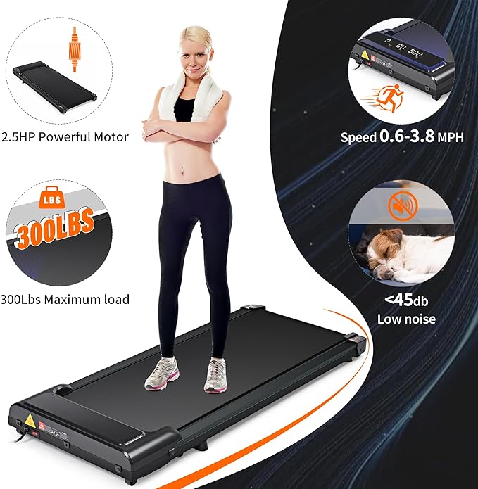 Under Desk Treadmill, Walking Pad 300 lb Capacity, Desk Treadmill for Home Office, 2.5HP Low Noise Walking Treadmill Pad with Remote Control, Portable Treadmill for Home Office (Black)