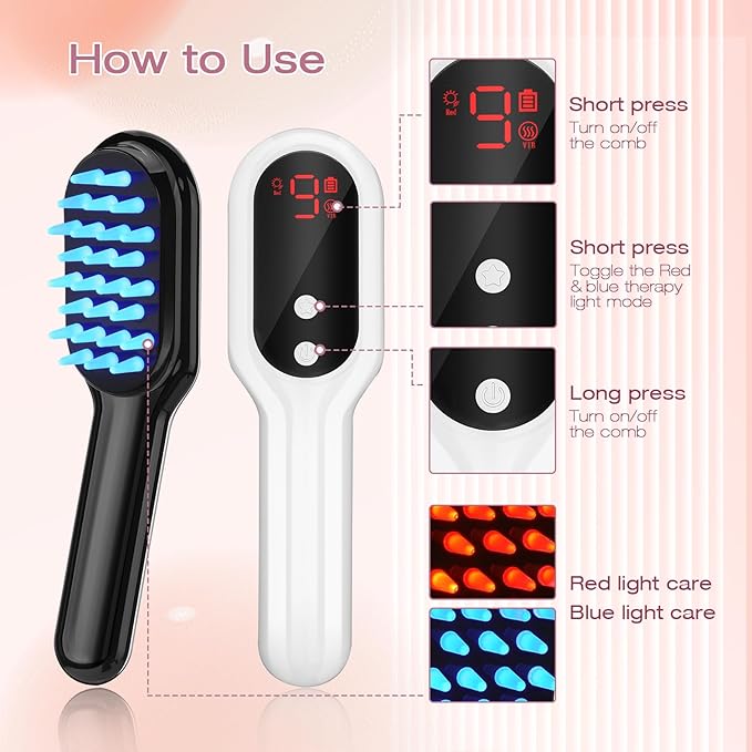 AFFLAT 3-in-1 Hair Care Comb with Red & Blue Light Therapy, Scalp Massager for Men and Women, Soothing Vibration for Relaxation