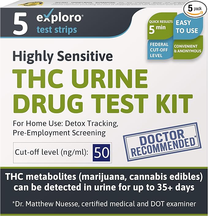 Exploro THC Drug Test Kit (5 Pack) – THC Tests for Home – Marijuana Drug Test 50 ng/ml Cutoff Level