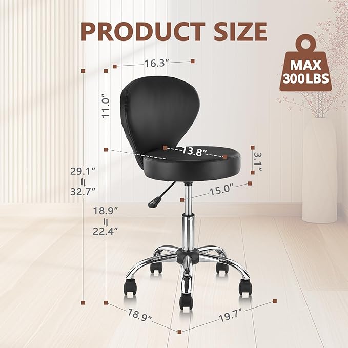 Leather Rolling Salon Stool with Back Support and Wheels Adjustable Height Swivel Spa Stools for Office Massage Facial Medical Drafting Tattoo Beauty Barber Lab Doctor Tattoo, Black, 4 Pack