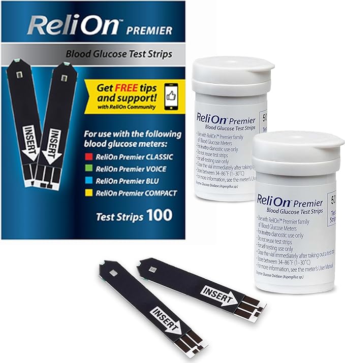 Blood Glucose Test Strips | 100 Count | Diabetic Supplies for Glucose Monitor | Accurate Blood Glucose Monitoring | Tiras para Medir la Glucosa, Compatible with Re Lion Premier Meters