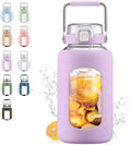 84oz Glass Water Bottle with Stainless Steel Handle,2.5L Gallon Water Bottle with 2-IN-1 Straw Lid, Silicone Sleeve and Motivational Capacity Marker, Wide Mouth Water Jug For Gym, Purple