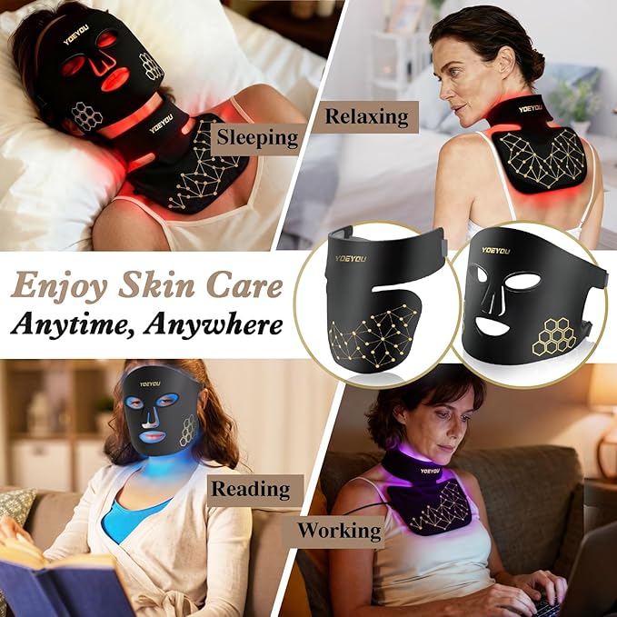 Red Light Therapy for Face and Neck, 850nm Infrared & Red Light Mask, 4 Modes LED Face Mask Light Therapy with Neck Masks, 2600mAh Rechargeable Portable Skincare Device at Home & Travel