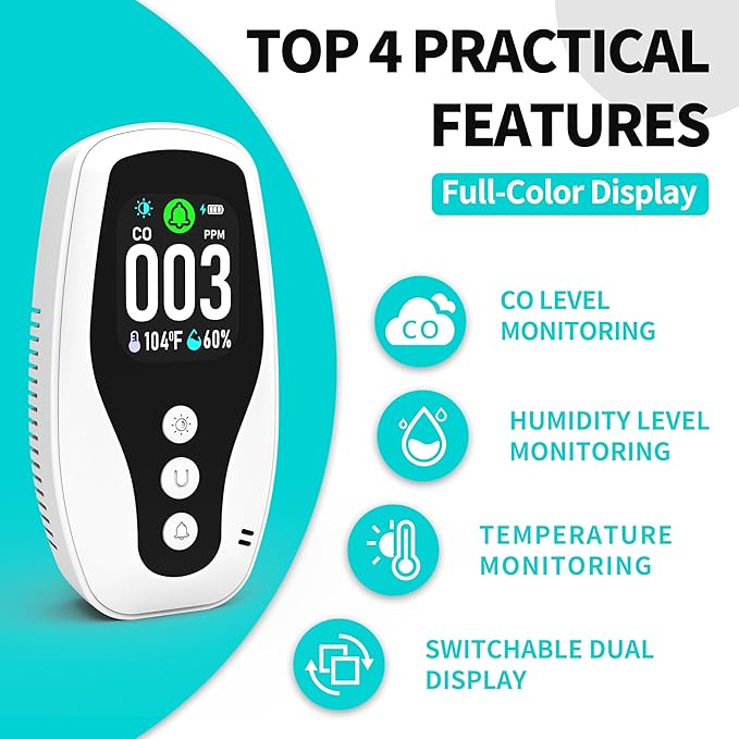 Protmex Plug-in Carbon Monoxide Detector, 3-in-1 CO Monitor with Temperature & Humidity Detection, Dual Power Supply, Flame-Retardant Shell, Audible Alert for Home, RV, Bedroom, Office