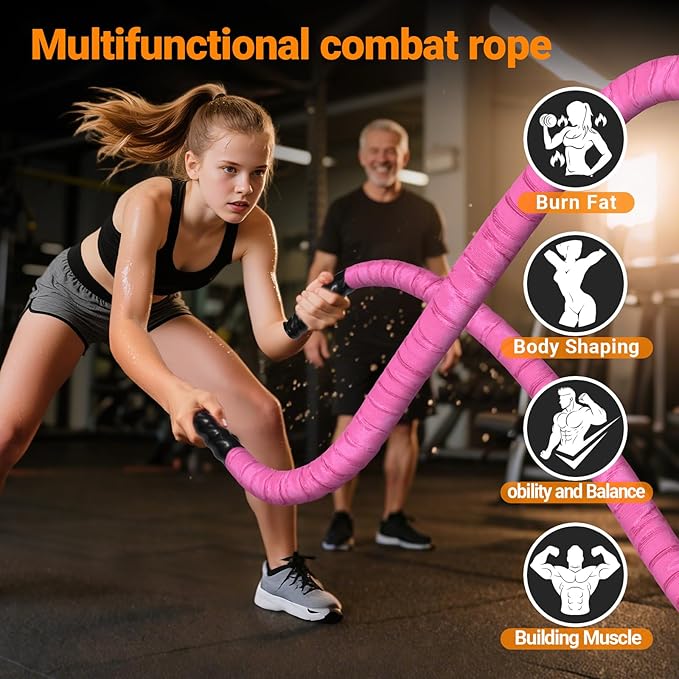 Battle Ropes for Home Gym 1 Inch Diameter 30FT Length Workout Rope Exercise Rope Training Ropes with Protective Sleeve for Kids Men Women Exercise Fitness & Strength Training-Pink