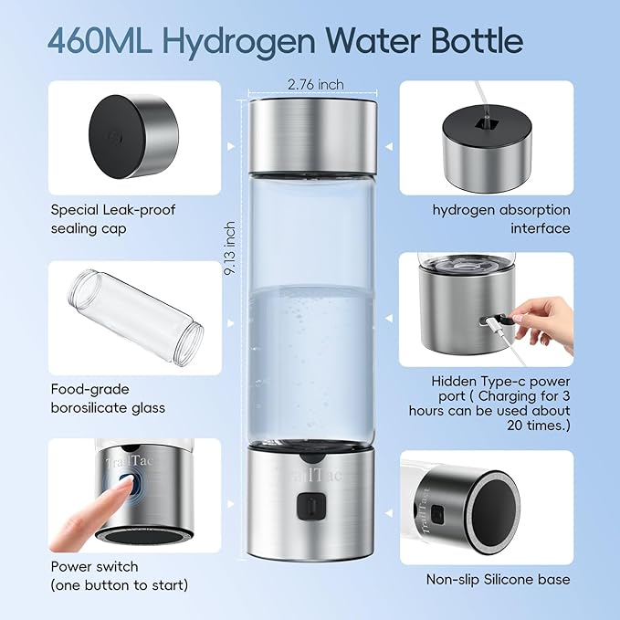 Hydrogen Water Bottle, 2025 Upgraded SPE/PEM Technology-3 Minutes Hydrogen Rich, Portable Athletic Performance, Hydration System for Home, Office, Fitness Travel, Sports, Drinking (Silver)