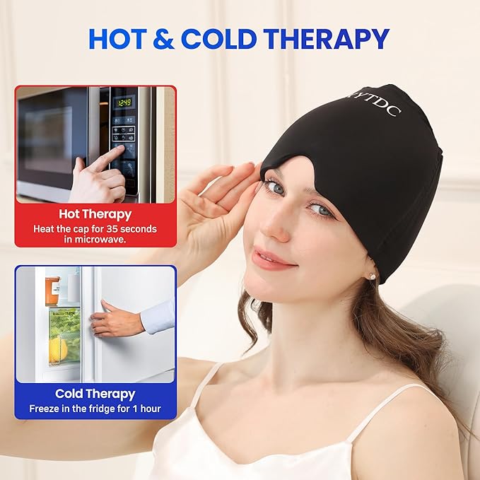 Migraine Relief Cap Gel Ice Head Wrap - Hot & Cold Therapy Soothing Headache Hat Ice Pack Mask, Headache Relief Wrap for Tension, Stress, Hangover&Puffy Eyes (Black, 1PC)