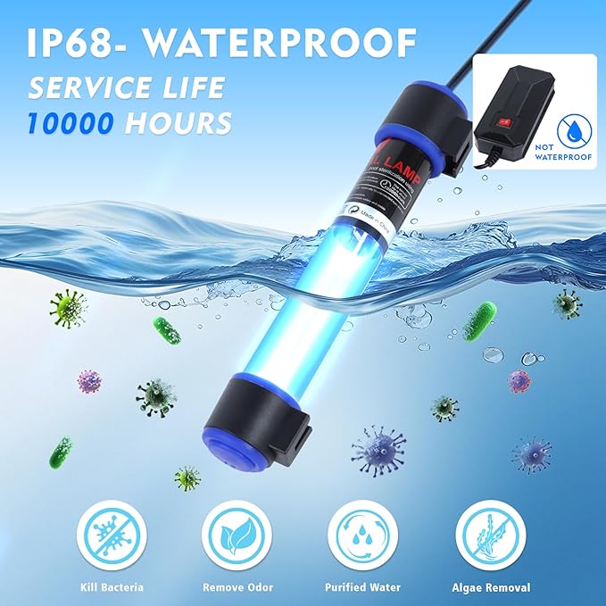 7W UVC Aquarium Light for Fish Tank and Pond – Quartz Tube Waterproof UV Lamp, Water Clarifier for Clearer Water