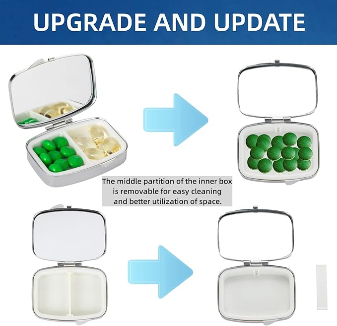 Pocket Pharmacy Bling 2 Compartment Medicine Organizer Small Cute Pill Container Travel Pill Box Case for Purse Square Vitamin Holder for Pocket(Silver)