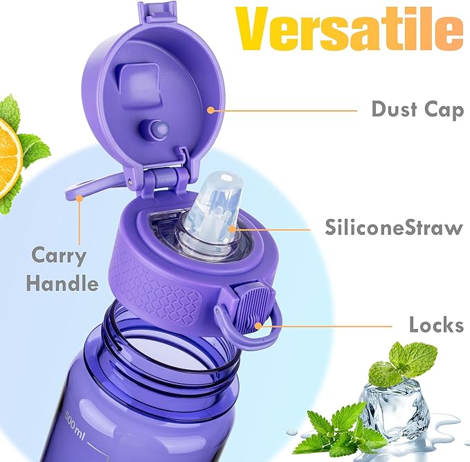 GOPPUS 17oz Kids Water Bottle for School -Straw, Leak-Proof Tritan Sports Bottle Time Marker Reusable for Girls Boys