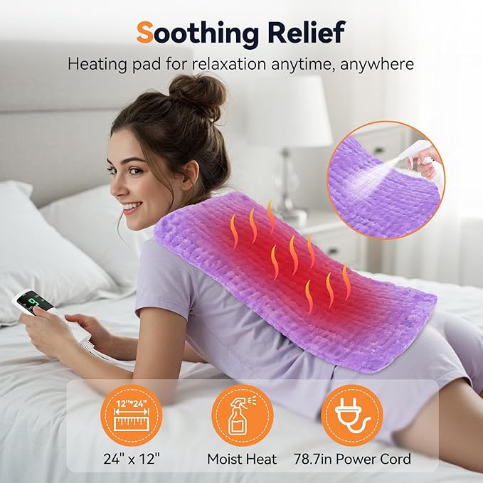 Heating Pad for Back Pain, Electric Heat Pad with 9 Heat Levels & 4 Auto-Off Timers, Portable Heating Pad for Period Cramps, Shoulder, Neck, Machine Washable, Gifts for Women, Men, Purple, 24''×12''