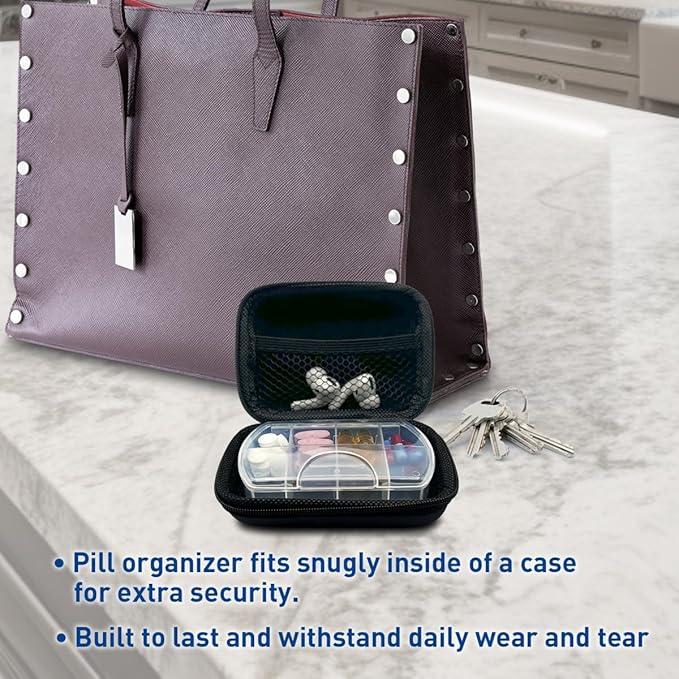 EZY DOSE Hard Sided Pocket Pharmacy Pill Case, Features Zippered Pouch, Easy to Use Design, Portable and Perfect for Daily Usage, 8-Comparments, BPA Free, Black