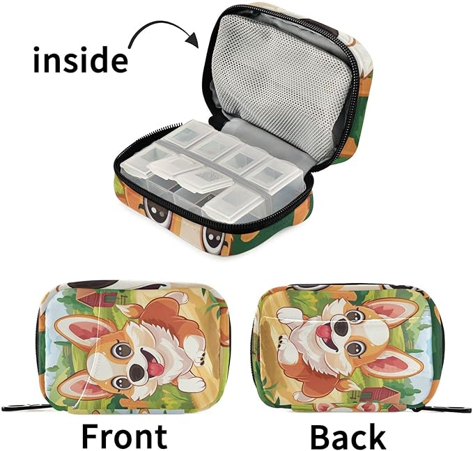 Farm Corgi Dog Travel Pill Organizer Weekly Small (Cute) Pill Box 7 Day Pill Case Vitamin Holder Pill Bottle Organizer