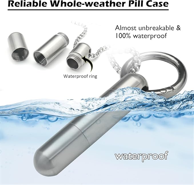 Extended Small Pill Case Necklace Titanium Mini Pill Case with Necklace Chain Tiny Pill Container for Men Waterproof Pill Holder Emergency Aspirin & Nitro Pill Case