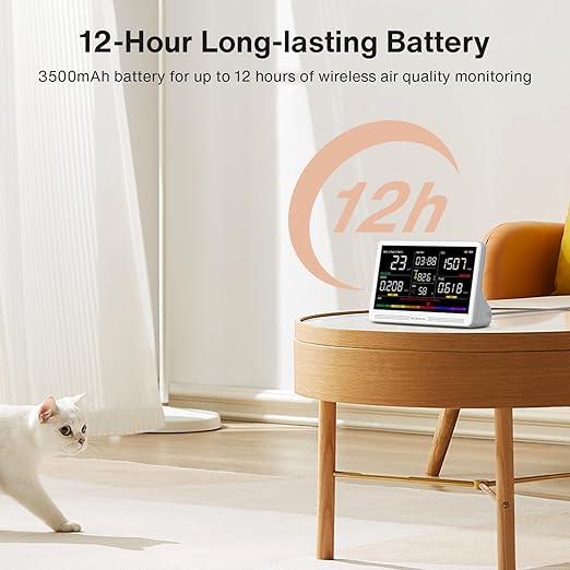 Upgrade Extended 12-Hour Battery Life 16 in 1 Air Quality Monitor Indoor with 7" Display, Professional Air Quality Meter for CO2, TVOC, PM2.5, PM1.0, PM10, HCHO, Temperature, Humidity, AQI & Time