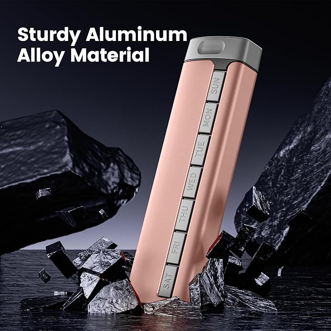 Daviky Metal Travel Pill Organizer, Premium Aluminum Pill Box 7 Day, Weekly Daily Pill Case, Stylish&Cute Pill Holder for Medicines, Supplements and Vitamins (Pink+Gray)