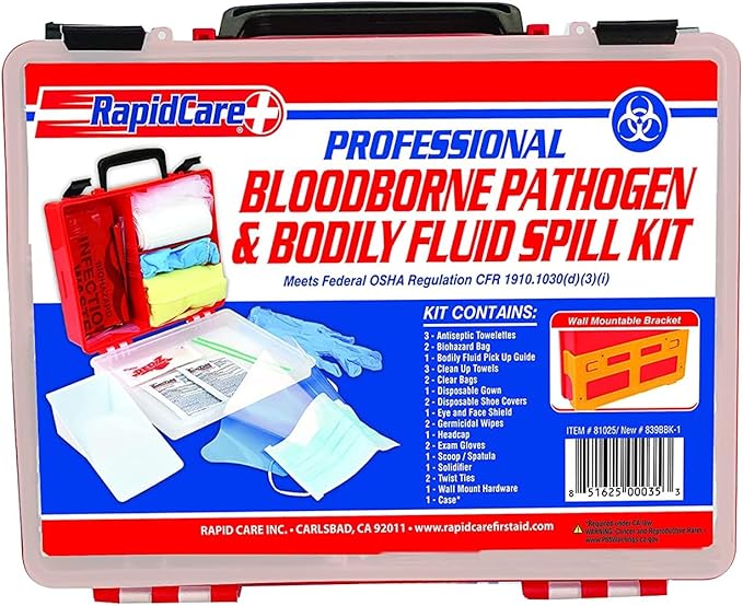 First Aid Premium Bloodborne Pathogen & Bodily Fluid Spill Kit, OSHA Compliant, Wall Mountable, 10" x 8" x 3 1/2"