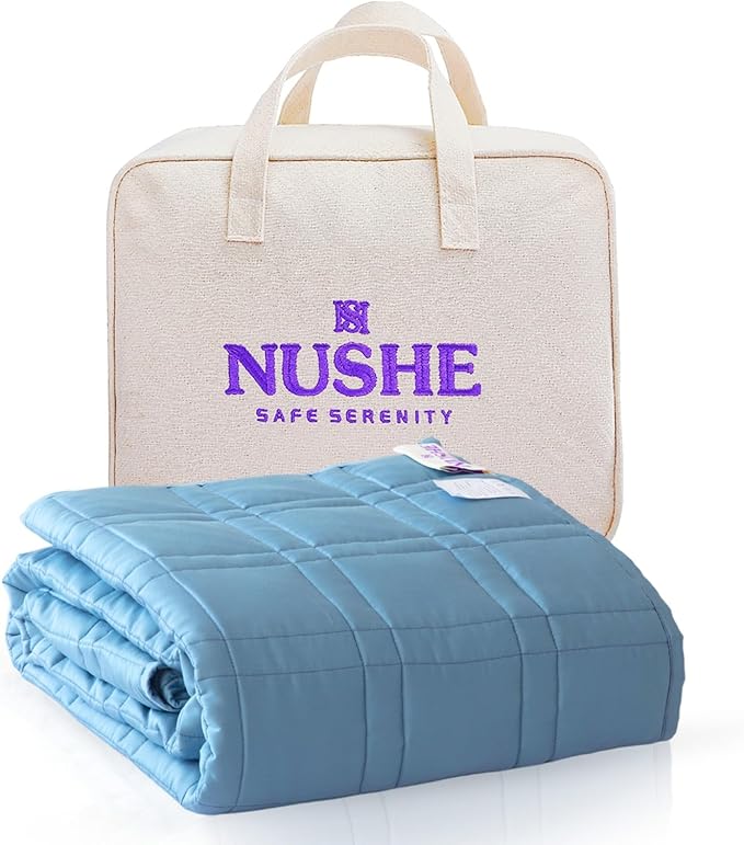 Weighted Blanket for Adults (15 lbs, 48”x72”, Blue) Twin Size. 100% 300TC Viscose, Derived from Bamboo-Premium 7 Layer Cooling Weighted Blankets. Breathable Blanket with travel bag & Machine Washable
