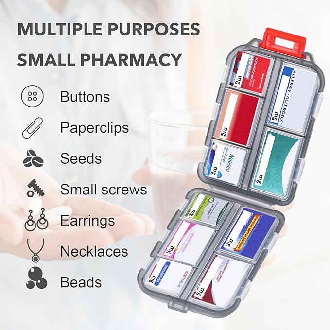 1Pack Travel Pill Organizer with 189 Medicine Labels, 10 Compartments Small Pill Case Compact and Portable Travel Pill Box for Airplane Car Purse Nurse Vacation Essentials