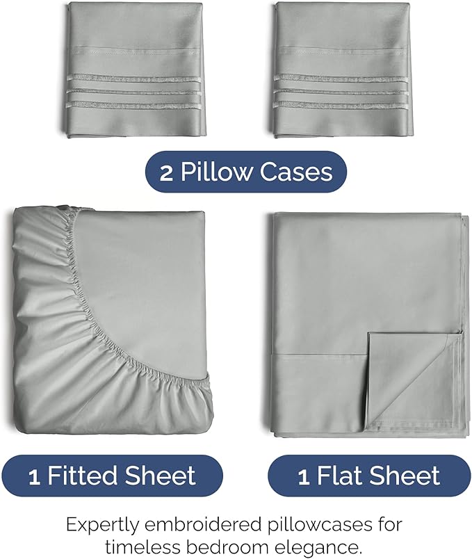 Full Size 4 Piece Sheet Set - Extra Soft, Breathable And Cooling Sheets - Hotel Luxury Bed Sheets for Women & Men - Deep Pockets, Easy-Fit & Wrinkle-Free Sheets - Light Slate Grey Oeko-Tex Bed Sheets