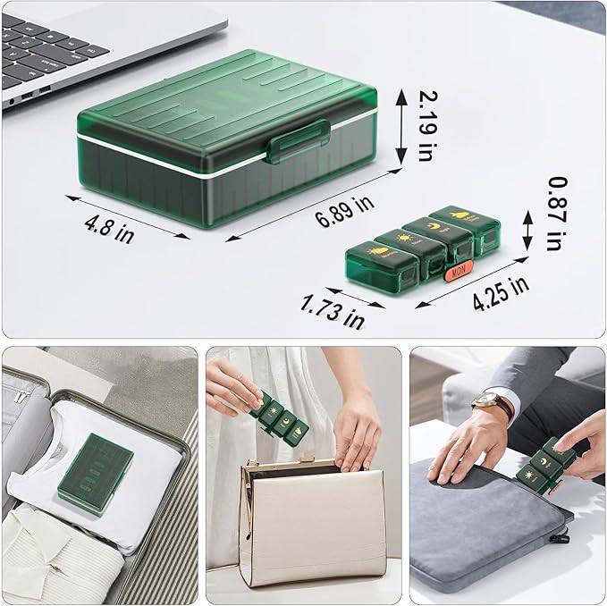 Weekly Pill Organizer 4 Times a Day, Large Compartments Pill Box 4X 7 Day, Medicine Organizer Pill Case for Pills/Vitamins/Fish Oils/Medication/Supplements (4x7 Dark Green)