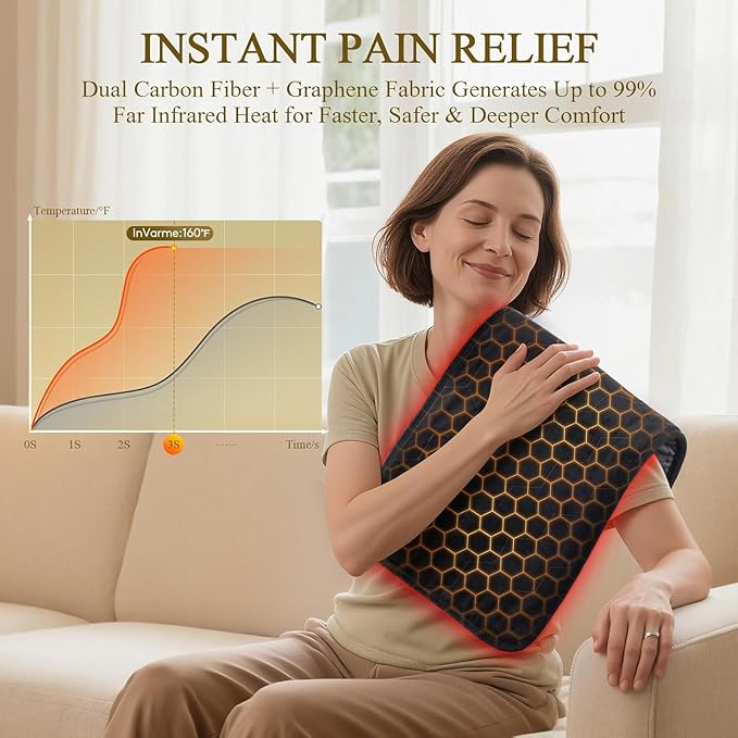 Far Infrared Heating Pad: 2X Carbon Fiber 3X Deeper Heat for Back Neck Shoulders Pain & Period Cramps – Graphene 3S Fast Heat – Soft Warm Plush Fabric for Women with 4H Auto Off– 12" x 24"