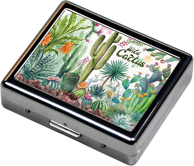 Silver Vintage Pill Box 7 Day Metal Pill Box with Mirror and 8 Compartments Cute Travel Pill Organizer for Purse (Green Tropical Plant Cactus)