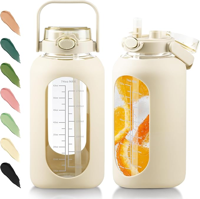 Glass Water Bottle with Straw and Handle Lid Half Gallon Motivational Glass Bottle with Silicone Sleeve and Time Marker Large Reusable Sports Water Jug for Gym Home Workout