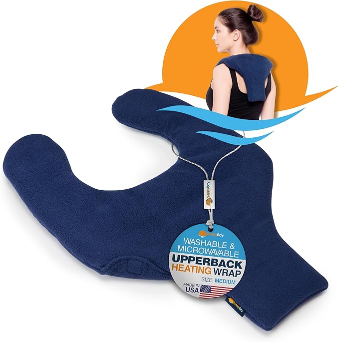 SunnyBay Shoulder and Upper Back Heating Pad, Microwavable Heated Neck and Shoulder Wrap, Weighted Moist Pain Relief Pack with Washable Cover and Flax Seed Filling, Medium, Navy Blue