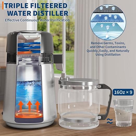 4L Water Distiller,Household Stainless Steel Distilled Water Purifier,Countertop Distilled Water Maker,4 Litre Distilled Water Machine for Home.Silver.