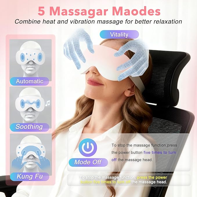 Eye Massager with Heat and Cooling for Migraines – 14 Massage Nodes for Eye Strain Relief, Rechargeable Bluetooth Music, Improve Sleep,Eye Strain Relief, Birthday Gifts for Women and Men(Pink)