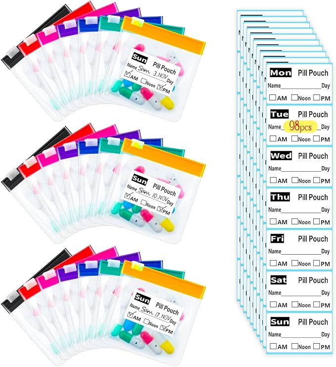 Reusable Travel Pill Organizer with 98 Labels - Leakproof Silicone Seal & Transparent Zippered Bags, Compact 3x3 Inch Medication Travel Case for Daily Pills, EVA Material, 7 Colors (21 PCS)