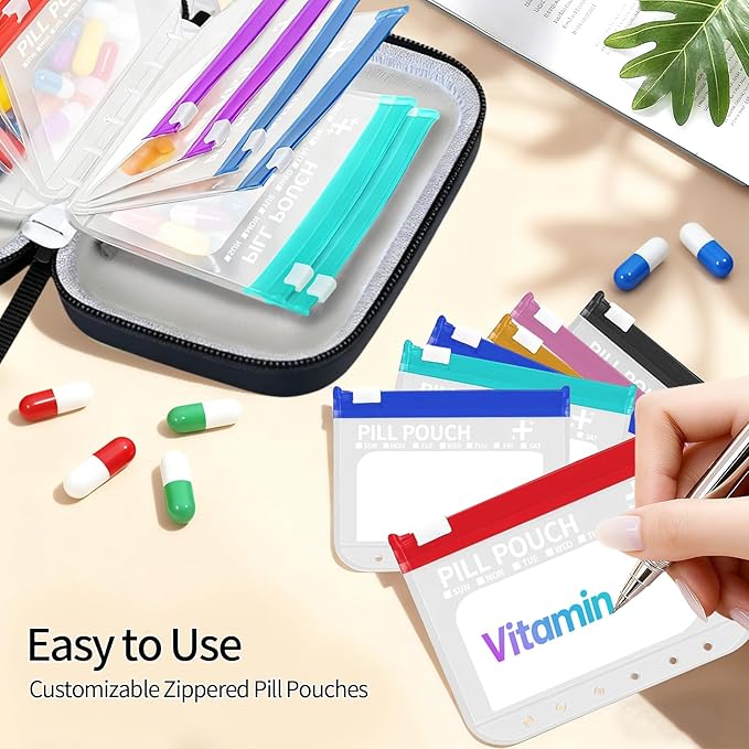 Extra Large Weekly Waterproof Pill Organizer Set, Reusable Pill Bags with 14 Coded AM PM Pouches for Home and Travel, 7 Day Portable Medicine Pill Case for Fish Oils, Vitamins (Black)