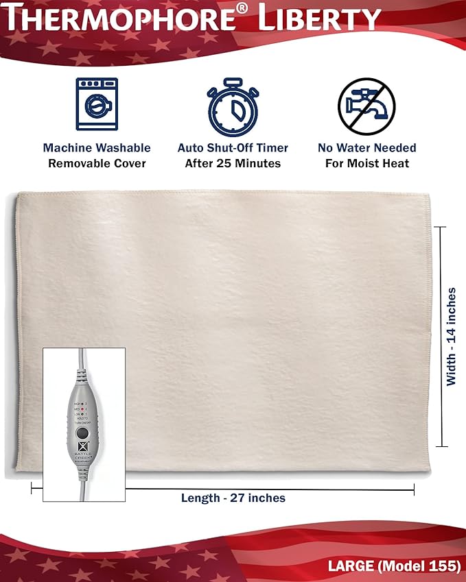 Assembled in The USA - Thermophore Liberty 2 - Moist Heating pad for Arthritis, Back, Neck, Shoulder Pain and Cramps Relief - Electric, 3 Temperature Settings with auto Shut Off, Large 14" x 27"