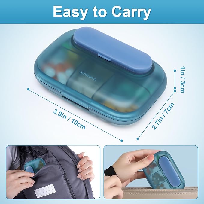 Toplive 6 Compartments Small Pill Case Travel Pill Organizer Pocket Medication Travel Case Portable Small Pill Container with Magnet Light-Proof Mini Pill Box, Blue