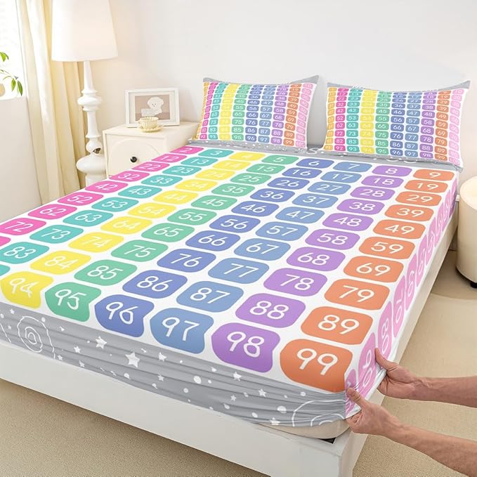 Numbers Alphabet Fitted Sheet, Cartoon Alphabet Bedding Educational Bed Cover Set 3Pcs (No Flat Sheet)