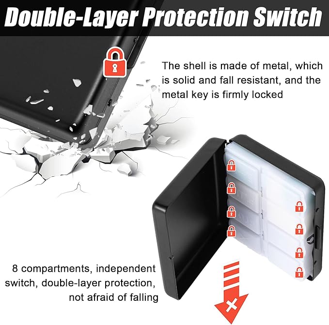 Fashion Elegant Medicine Portable Double Protection Switch Metal Travel Pill Box (7 Days) /8 Compartment (786822, Black)