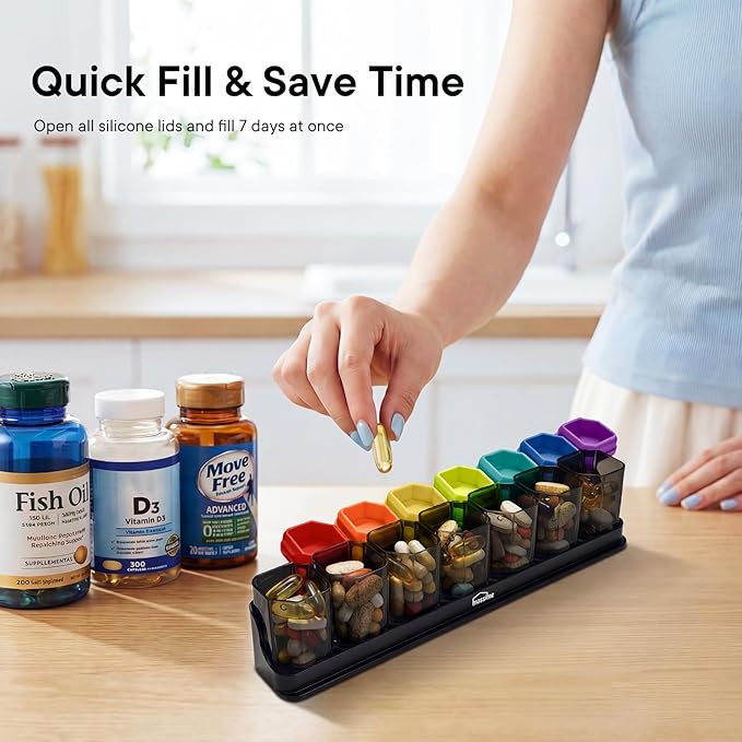 Large Weekly Pill Organizer 1 Time a Day, BPA-Free Pill Dispenser, 7 Day Pill Box with Silicone Lids & Coded Compartments, Spill Proof Portable Case for Vitamins, Seniors & Daily Medication