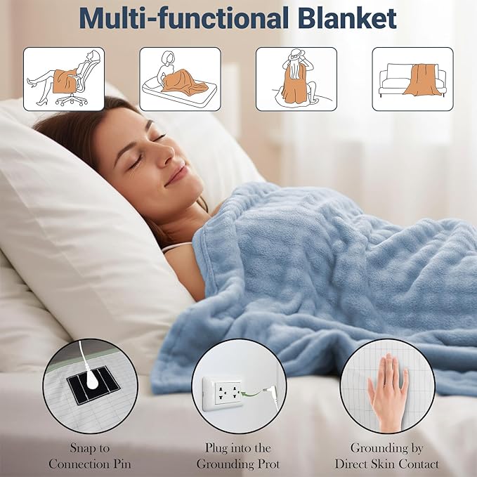 Grounding Blanket Grounding Sheets Queen, Grounding Throw for Improved Sleep, Relieving Pain,Conductive Grounded Mat for Bed with Grounding Wire (Blue, Adult)