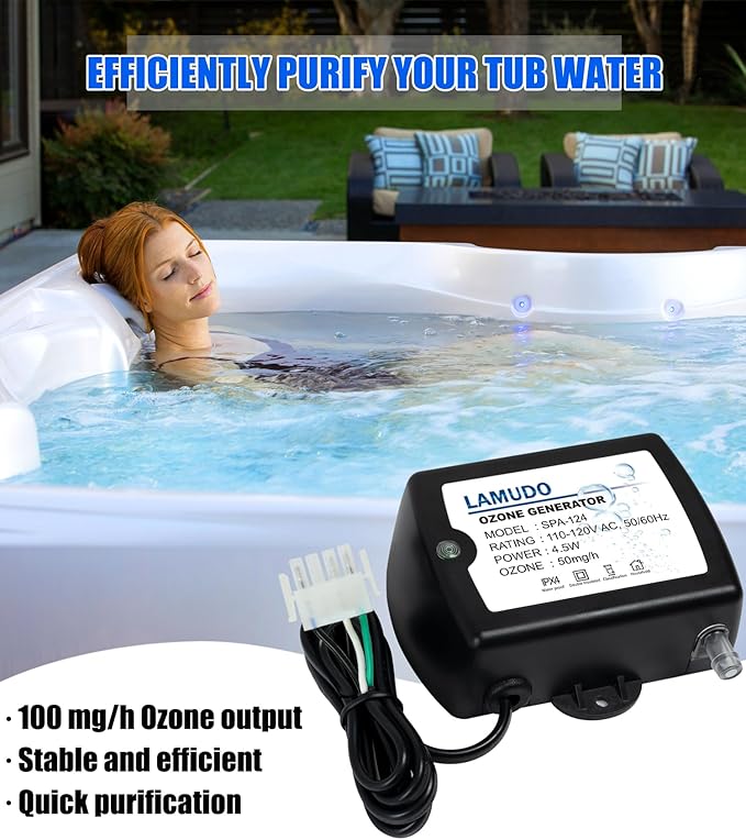 Ozone Generator for Hot Tub and Cold Plunge, SPA-124 Ozonator for Swim Spas, Mini Portable Ozone Machine with Check Valve and Tubes, Replace HCD-55(AMP-4 Plug)