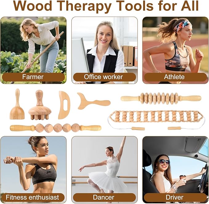 7-in-1 Wood Therapy Massage Tools for Body Sculpting & Lymphatic Drainage - Professional Maderoterapia Kit, Natural Wooden Therapy Tools for Cellulite Reduction
