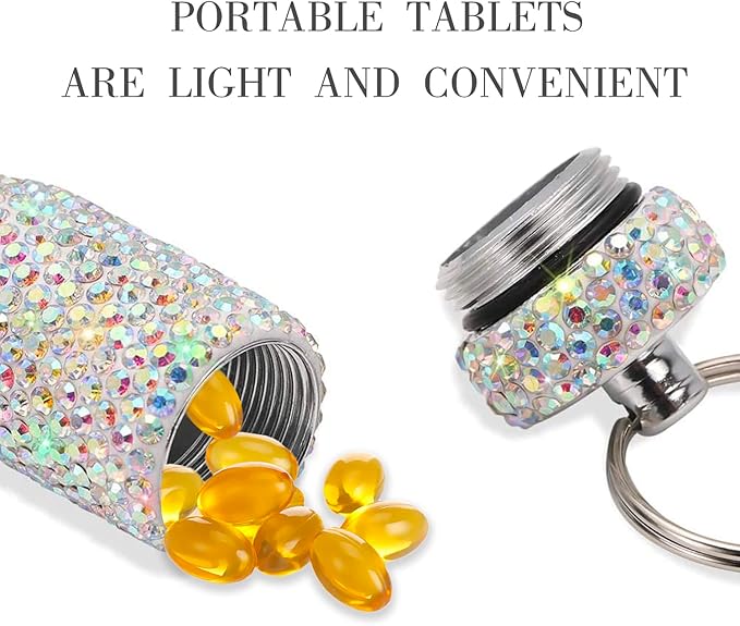 GOUWEIBA 2 Pieces Bling Pill Container Portable Pill Bottle Case Waterproof Travel Medicine Box Crystal Diamond Mini Pill Holder Storage with Keychain for Outdoor Camping Traveling (Pink, Silver)