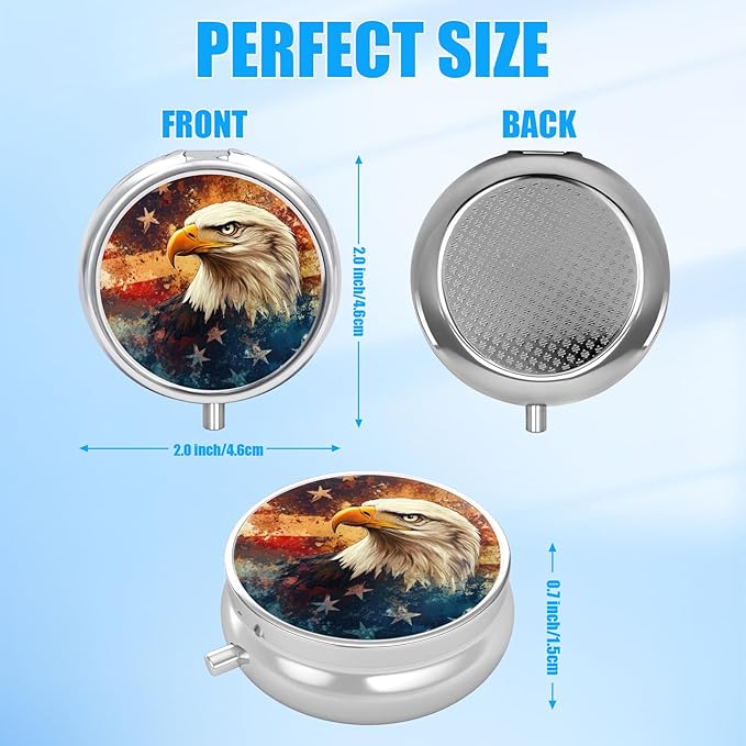 American Flag Eagle Pill Case, Pill Box 3 Compartments Metal Small Pill Holder with Mirror Mini Travel Pill Container for Purse Pocket Women Men