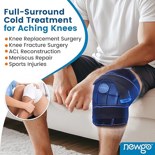 NEWGO Cold Therapy Knee Ice Pack Wrap, 2 Hours Long-Lasting Relief for Knee Replacement Surgery, Injuries, Swelling & Post-Surgery Recovery, Reusable Gel Ice Pack for Sports Injuries