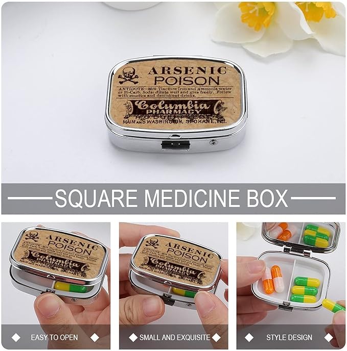 Metal 2 Compartment Pill Organizer Travel Friendly Portable Compact Pill Box Cute Pill Case,for Pocket Wallets Daily Portable Medicine Vitamin Tablet Storage (Arsenig Poison)