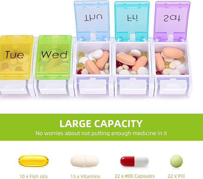 Detachable Pill Organizer,Weekly Pill Box 1 Time a Day,Large Daily Pill Case for Pills/Vitamin/Fish Oil/Supplements(Rainbow)