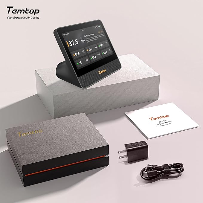 Temtop M100 2nd Gen Air Quality Monitor for Indoor Air, 7-Inch Touch Screen, Real-Time Tester for PM2.5, CO2, TVOC, Temp & Humidity, WiFi App & Multi-Room Monitoring with Smart Insights