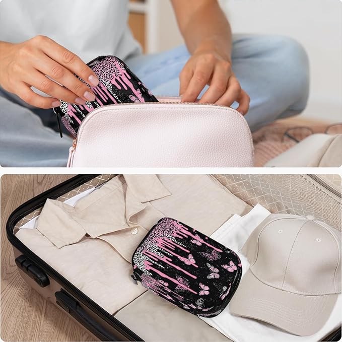 Pink Butterfly Art Pill Case Travel Pill Organizer Weekly 7 Day Portable with Zipper Medicine Box Pill Case for Vitamins, Birth Control,Fish Oils,Medication, Supplements
