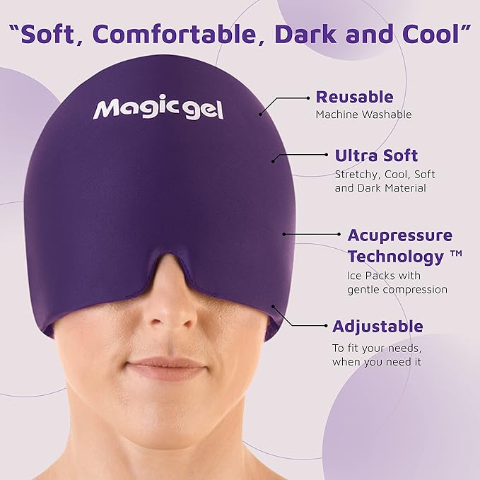 Magic Gel Migraine Ice Head Wrap | Real Migraine & Headache Relief | The Original Headache Cap | Cold, Comfortable, Dark & Cool; Endorsed by Physicians, Loved by Thousands (Purple)
