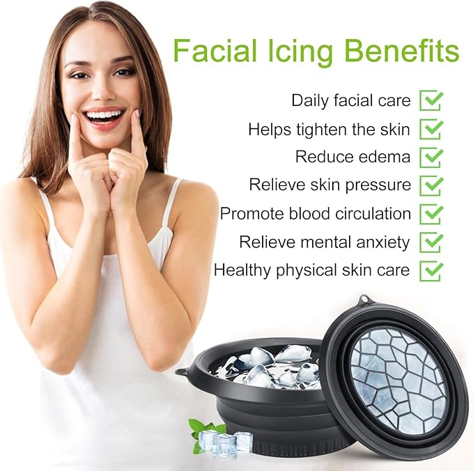KROYWEN Face Bowl for Ice with Built-in Icetray, Portable Foldable Silicone Ice Facial Bowl, for Home Ice Bath Facial,| BPA-Free | for Men and Women (with A Free Hook 2-pic)